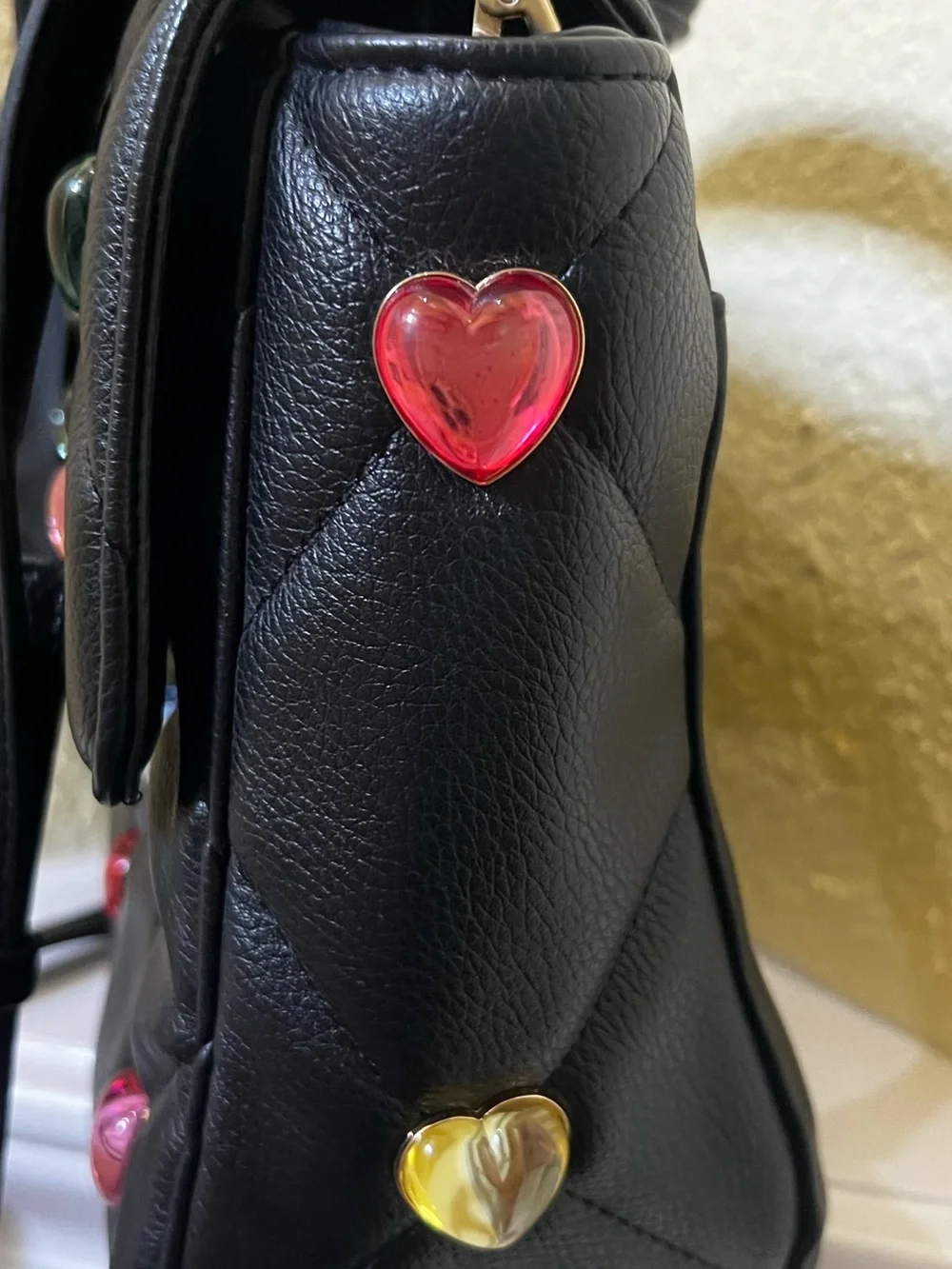 Betsey Johnson I Want Candy Hearts Black Quilted Top Handle Satchel